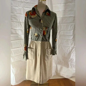 Vintage Herman Marcus Floral Button-Up Blouse and Beige Skirt Set